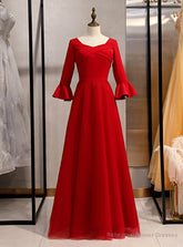 A-Line Burgundy Satin Tulle Half Sleeve Simple Prom Dress